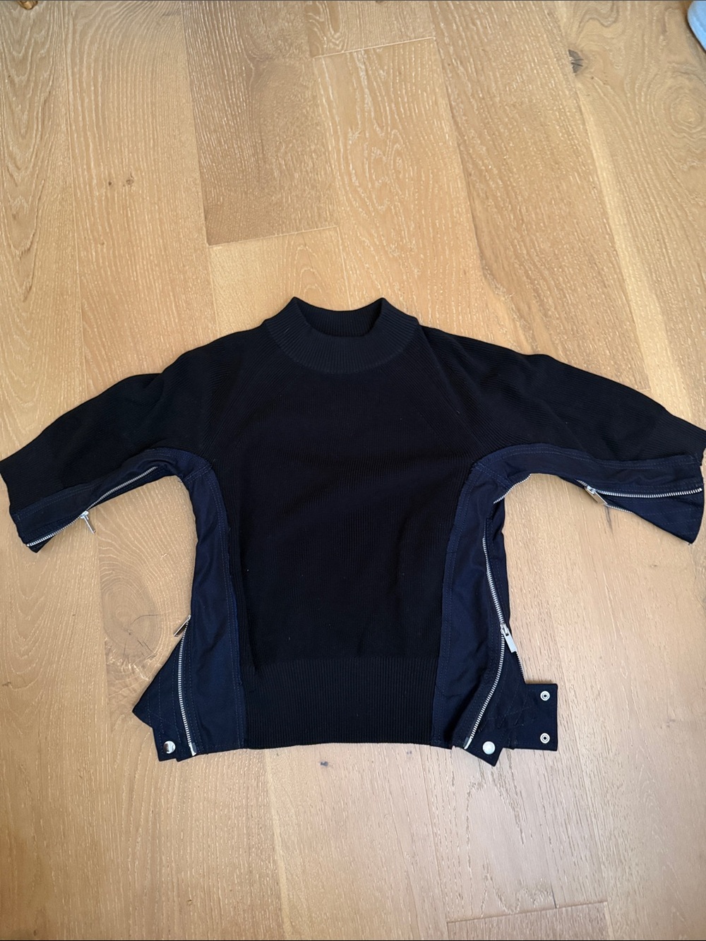 Sacai Black Short Sleeve Knit Top with Side Zippers